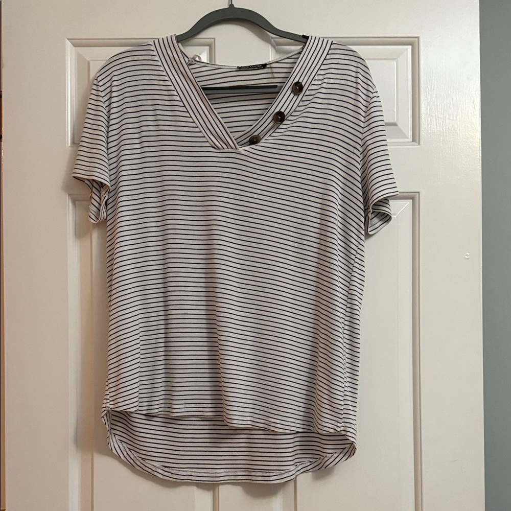 Pink Clover White and Black Striped Short Sleeve V-Neck Top with Button Detail